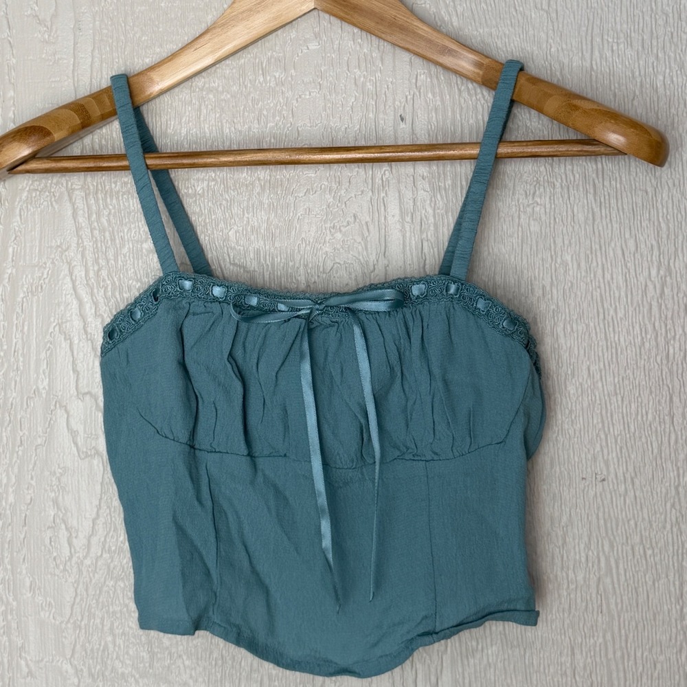 Stitch & Pine Womens Teal Blue Smocked Back Cropped Cami Top Small